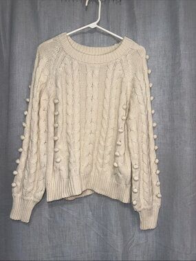 Pink Diamond Textured Chunky Knit Crewneck Sweater - Ivory/Cream